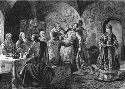 Prinssi Mihail Vasilijevitš Skopin-Shuisky kreivi Vorotynskin juhlassa tekijältä Alexander Efimovich Zemtsov