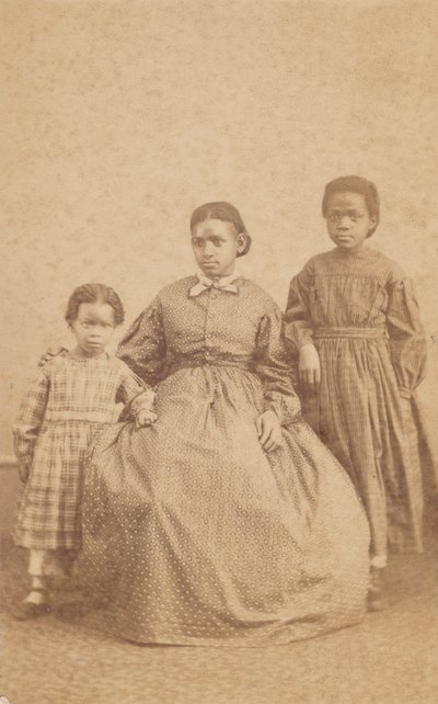 Carte-de-visite of a young woman and two children, 1864 - 1866.    1185411   fi       finnish Successfully Translated  Original: The Frailty of Human Happiness. A Man pursued by a Dragon clings to a Tree, licking Honey from his fingers Translat: The Frailt tekijältä Alexander Gardner