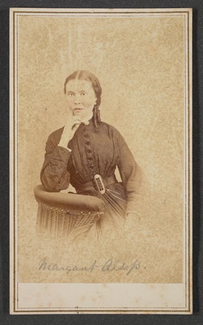 Carte-de-visit -muotokuva Margaret Alsopista, n. 1865. tekijältä Alexander Gardner