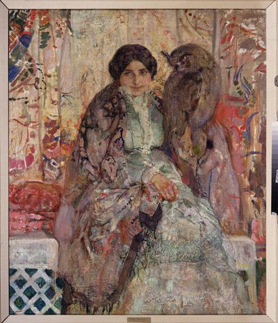 Nainen pöllön kanssa. Aleksandr Ivanovitš Savinovin (1881-1942) maalaus öljy kankaalle tekijältä Alexander Ivanovich Savinov