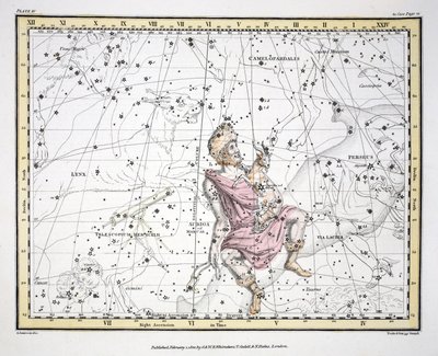 The Constellations (Plate IV) Auriga, Camelopaardalis, Telescopium Herschelli, Alexander Jamiesonin teoksesta "A Celestial Atlas", pub. Lontoo 1822 (käsinvärinen kaiverrus) tekijältä Alexander Jamieson