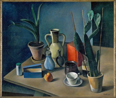 Grosses Stilleben mit Kruegen und roter Teedose, asetelma kannujen ja punaisen teekannun kanssa (maalaus kankaalle) tekijältä Alexander Kanoldt