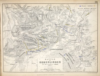 Kartta Hohenlindenin taistelusta, julkaissut William Blackwood and Sons, Edinburgh ja London, 1848 (käsinvärinen kaiverrus) tekijältä Alexander Keith Johnston