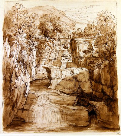 Bracklinn Falls, Perthshire, n. 1810 (kynä ja ruskea muste, pesu paperille) tekijältä Alexander Nasmyth