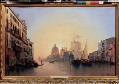 Aamu Venetsiassa (Italia) (Aamu Venetsiassa). Purjeveneet ja gondoli Grand Canalilla nousevan auringon kanssa, taustalla erottuu Santa Maria Della Saluten basilika. Aleksanteri (Aleksanteri) Nikolajevitš Mordvinov (1799-1858), öljy kankaalle tekijältä Alexander Nikolayevich Mordvinov