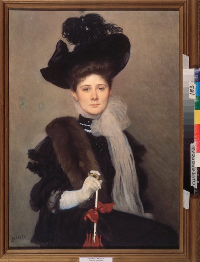 Taiteilija Lyubov Gaush (1877-1943) muotokuva. Aleksanteri (Aleksanteri) Petrovitš Sokolovin (1830-1911) työ, akvarelli paperille. Venäläinen taide, 1800-luvun loppu - 1900-luvun alku, modernismi. Alueellinen taidemuseo, Simferopol (Ukraina). tekijältä Alexander Petrovich Sokolov