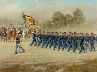 K. u. k. Hoch- und Deutschmeisterin jalkaväkirykmentti nro 4 paraati arkkiherttua Eugenin edessä. tekijältä Alexander Pock