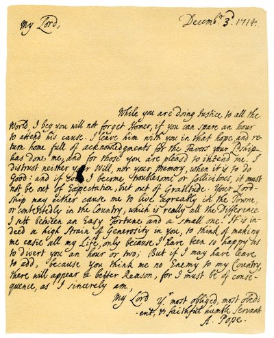 Alexander Popen kirje Charles Montagulle, 3. joulukuuta 1714. tekijältä Alexander Pope