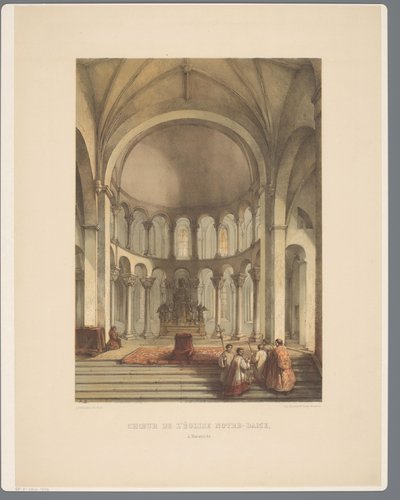 Sisustus on Onze-Lieve-Vrouwe-Basiliek te Maastricht Notre-Dame-kirkon kuoro Maestrichtissa (otsikko esineessä) Muinaiset arkkitehtuurimonumentit 1100-luvulta 1300-luvulle Limburgissa (sarjan nimi) tekijältä Alexander Schaepkens