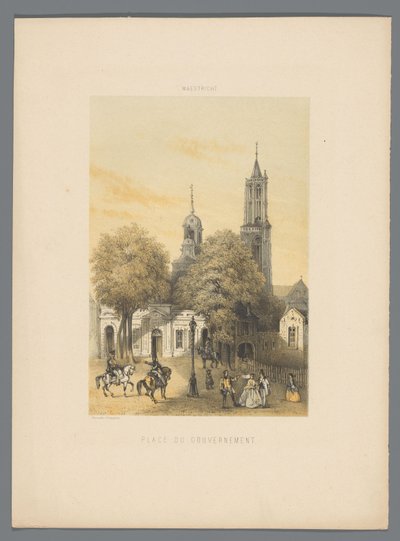 Vanha vartiotalo aukiolla Maastrichtissa Place du Gouvernement (otsikko esineessä) Monuments de Maastricht (sarjan nimi) tekijältä Alexander Schaepkens