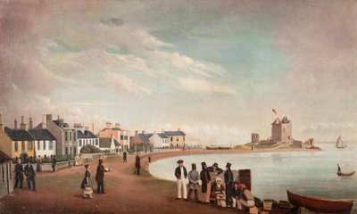 Beach Crescent ja Broughty Castle, n. 1835 (öljy kankaalle) tekijältä Alexander Smith