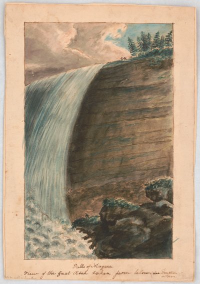 Niagaran putoukset. Näkymä suuresta kuilusta alhaalta katsottuna, ks. Metsänhoitajat, runo LCCN2016648705 tekijältä Alexander Wilson
