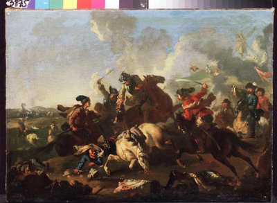 Kohtaus Poltavan taistelusta (tai Pultawasta, Ukrainasta) (Poltavan taistelusta). Taistelu, joka käytiin 8. heinäkuuta 1709 Venäjän Pietari I:n armeijan välillä (tunnetaan nimellä Le Grand tekijältä Alexander von Kotzebue
