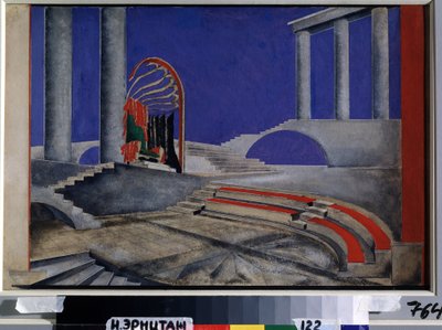 Lavasuunnitteluarvio Edition Decors de Theaterille. Alexandra Alexandrovna Exterin (1882-1949) teos, akvarelli ja guassi paperille, puoliväli 1920. Venäläinen scenografia, 1900-luku. Co tekijältä Alexandra Alexandrowna Exter