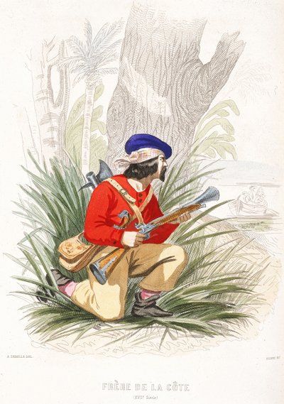 Merirosvo valmistautuu väijytykseen, 1800-luvun puoliväli (värillinen kaiverrus). tekijältä Alexandre (after) Debelle