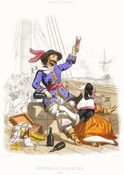 Kapteeni Henry Morgan rellestää viinin ja naisten kanssa, 1800-luvun puolivälissä (värillinen kaiverrus). tekijältä Alexandre (after) Debelle