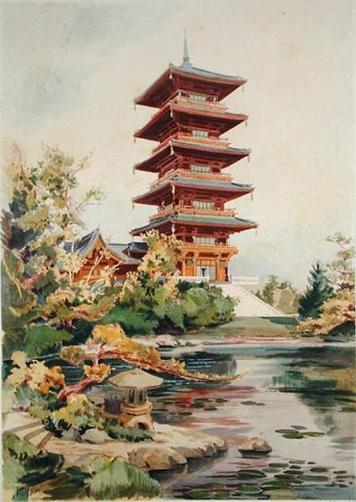 Japanilainen torni Laekenin kuninkaallisessa puistossa Belgiassa, Orientalisme et Architecture Contemporainesta, kaiverrus Jules Adolphe Chauvet (s.1828) (katso myös 171915, 172965, 172990) tekijältä Alexandre Auguste Louis Marcel