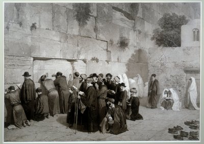 Juutalaisuus: "" Salomon muuri""" Juutalaisen uskonnon miehet ja naiset rukoilevat Itkumuurin edessä. Ennen 1857. Piirustus Alexandre Bida (1823-1895), pesu, kynä ja lyijykynä paperille, Dim. 0,61x0,87 m Malmaison, linnan museo tekijältä Alexandre Bida