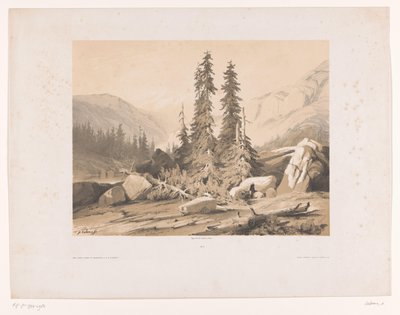 Vuoristomaisema kuusipuilla ja vuoristovuohilla Sapins (otsikko esineessä) tekijältä Alexandre Calame