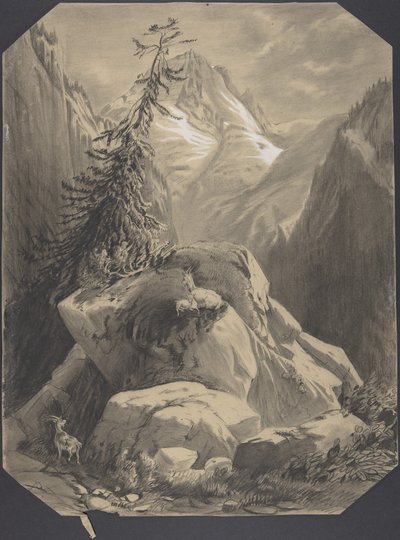 Kolme vuohta vuoristomaisemassa tekijältä Alexandre Calame