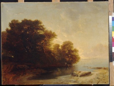 Puut järven rannalla, Calame, Alexandre (1810-1864). Öljy kankaalle, Mitat: 62x81. Valtion A. Pushkinin kuvataidemuseo, Moskova tekijältä Alexandre Calame