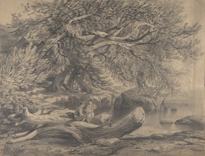 Kaksi miestä lepää järven rannalla..., 1800-luvun alkupuolelta puoliväliin. tekijältä Alexandre Calame