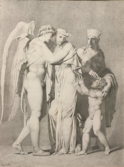 Cupid ja Psyche (kynä ja harmaa muste paperille) tekijältä Alexandre Evariste Fragonard