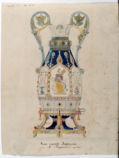 Japanilainen karahvimaljakko, akvarelli Alexandre Evariste Fragonard (1780-1850) 1832 Sevres. Posliinin valmistus tekijältä Alexandre Evariste Fragonard