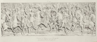 Francois I:n ja Henry VIII:n tapaaminen kultakankaalla, kaiverretun kivireliefiin jälkeen Hotel de Bourgtherouldessa, Rouenissa, Normandiassa, 1501-37, kaiverruksen Godefroy Engelmann (1788-183) tekijältä Alexandre Evariste Fragonard