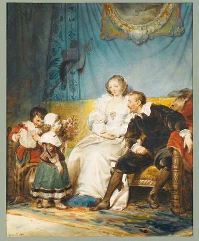 Rubens et Hélène Fourment assis avec Frans rentant une Letre et Isabelle Hélène leurs donnnant un bouquet de roses tekijältä Alexandre Evariste Fragonard