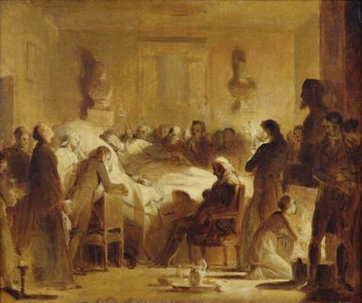 Ranskalaisen Charles-Ferdinandin (1778-1820) viimeiset hetket Pariisin oopperatalon hallintohuoneessa, 14. helmikuuta 1820, 1820-50 tekijältä Alexandre Evariste Fragonard