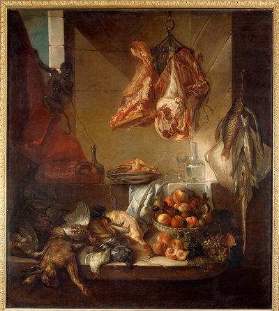 Keittiön sisustuksen asetelma riistasta, hedelmistä ja lihasta. François Desportesin (1661-1743) maalaus 1700-luvulta Chalons sur Marne, Musee des Beaux Arts tekijältä Alexandre Francois Desportes