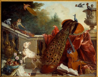 Eläimet, kukat ja hedelmät Koira, viulua soittava apina, riikinkukko, papukaija, paratiisin lintu, jousisoittimet. François Desportesin (1661-1743) maalaus 1717 su. 1,24x2,31 m Grenoble, musee des Beaux Arts tekijältä Alexandre Francois Desportes