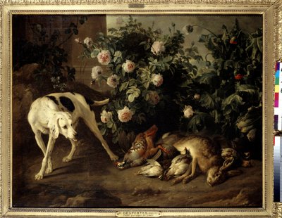 Koiranhoitoriista lähellä ruusupensaaa François Desportesin maalaus (1661-1743) 1724 Su. 1,07 x 1,38 m Pariisi, Musee du Louvre. tekijältä Alexandre Francois Desportes