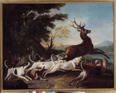 Metsästys: "" Debuche du deer"" François Desportesin (1661-1743) maalaus 1718 Su. 1,1 x 1,45 m Rouen, Kuvataidemuseo tekijältä Alexandre Francois Desportes