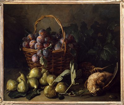 Francois Desportesin (1661-1743) asetelma, viikunoita ja luumuja maalaus 1700-luvun Pariisi, koristetaide tekijältä Alexandre Francois Desportes