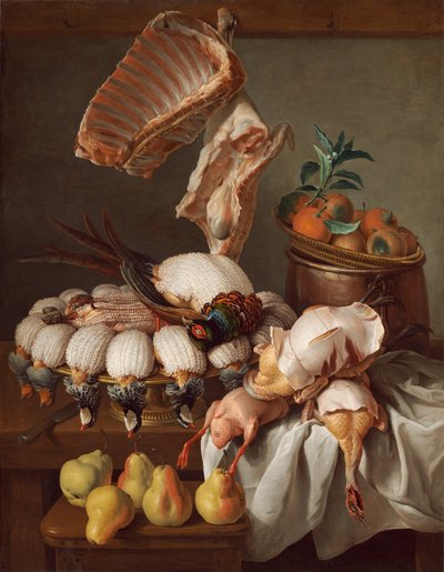Asetelma pukeutuneen riistan, lihan ja hedelmien kanssa, 1734. tekijältä Alexandre Francois Desportes