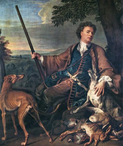French: Portrait de M. Desportes peint par lui-même avec du gibier mort à ses pieds (Taiteilijan muotokuva metsästäjänä) Omakuva metsästyspuvussa. tekijältä Alexandre Francois Desportes