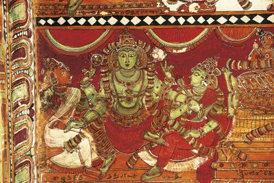Visnu, yksityiskohta freskoista, jotka kuvaavat Shivan elämää Parvatin pyhäkössä, Nataraya-temppeli, Chidambaram, Tamil Nadu, Intia, 500-luku tekijältä Nicolas Toussaint Charlet