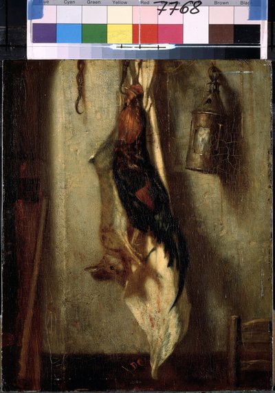 ""kukon ja jäniksen asetelma, riippuva koukussa ja lyhty"" Alexandre-Gabriel Decamps (Alexandre Gabriel) maalaus (1803-1860) 1800-luku Koko 28x24 cm Eremitaaši, Pietari (Pietari) tekijältä Alexandre Gabriel Decamps