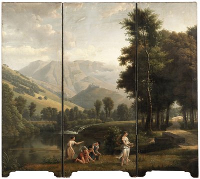 Arkadian maisema, jossa neitsyt keräävät kukkia joen rannalla, kukkulan laella sijaitseva linna, 1801 tekijältä Alexandre Hyacinthe Dunouy