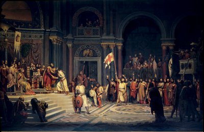 Ensimmäinen ristiretki: "" Godefroy (Godefroi) Bouillonista (1061-1100), Ala-Lorrainen herttua, joka toimii uskollisena Bysantin keisarille Alexis Comnenelle, Konstantinopolissa tekijältä Alexandre Jean Baptiste Hesse