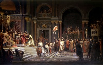 Konstantinopolin keisari Alexis Comnene vastaanotti Godfreyn Bouillonista vuonna 1097 puolustaessaan kaupunkia turkkilaisilta ensimmäisen ristiretken aikana 1096-1099, 1842 tekijältä Alexandre Jean Baptiste Hesse