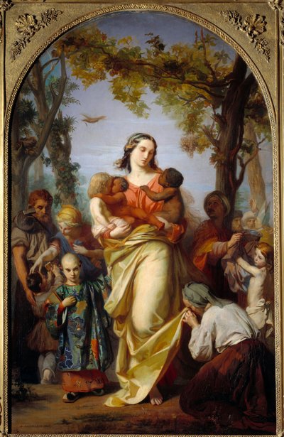 Universaali hyväntekeväisyys. Hyväntekeväisyyshenkilöstö pitää sylissään maailman eri kansoja. Alexandre Laemleinin (1813-1871) maalaus tekijältä Alexandre Laemlein
