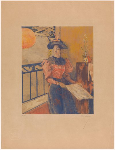 Seisova nainen nuotit käsissään tekijältä Alexandre Lunois (signed by artist)