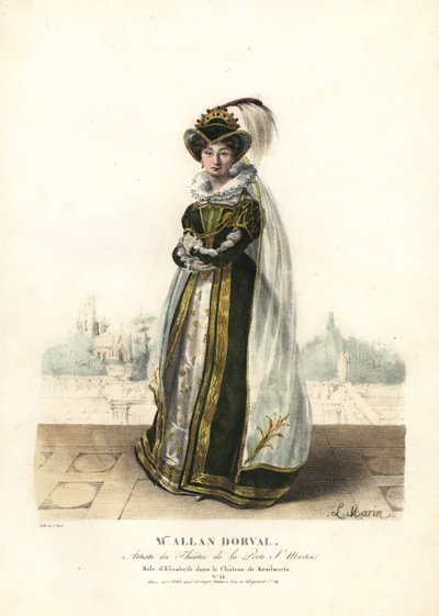 Marie Dorval tai Madame Allan Dorval kuningatar Elisabethin roolissa Jean-Baptiste Blachen ja Henri Lemairen Le Chateau de Kenilworthissa, Theater de la Porte St. Martin tekijältä Alexandre Marie Colin