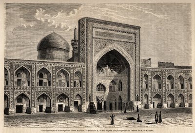 Imam Aly Riza a Mashhadin moskeijan sisäpiha, piirustus A. de Bar havainnollistamaan matkaa Khorasaniin (Khorasan, Chorasan tai Khurasan) vuonna 1858, kirjoittanut N. de Khanikof. Kaiverrus ”” Le tour du monde”” 1861. Selvan kokoelma. tekijältä Alexandre de (after) Bar