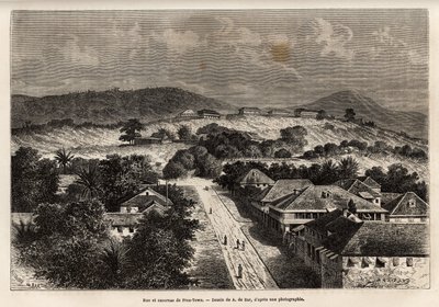 Rue et barracks de Freetown, Sierra Leone, kaiverrus A. de Barin piirustuksen jälkeen, joka havainnollistaa matkaa Côte d