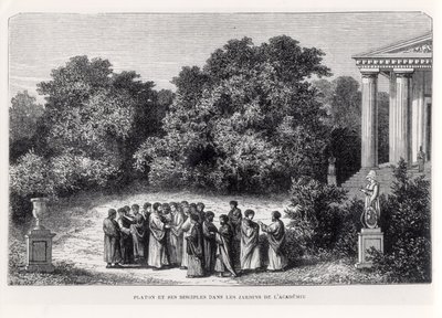 Platon (n. 427-n. 348 eKr.) ja hänen opetuslapsensa Akatemian puutarhassa, Louis Figuierin teoksesta "La Vie des Savants Illustres", kaiverrus Laplante, n. 1870 tekijältä Alexandre de Bar