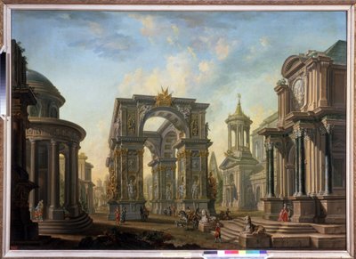 Arkkitehtoninen fantasia. Aleksei Ivanovitš Belskin (1730-1796) maalaus. Öljy kankaalle tekijältä Alexei Ivanovich Belsky